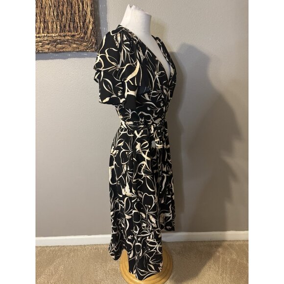 DKNY A Line Dress 8 Short Flutter Sleeve Flowy Black Brown Tan Washable NEW - Picture 8 of 16
